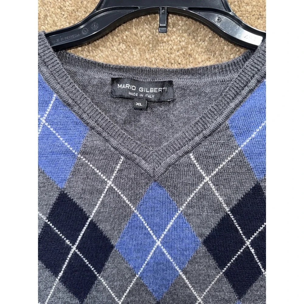 Mario Gilberti‎ Mens XL Argyle V-Neck Sweater 100% Extrafine Merino Wool Italy